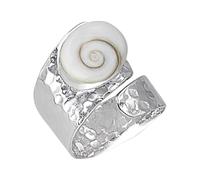 Silverly Sterling Silver Wide Hammered Ring With Shiva Eye Shell - Statement Adjustable Wraparound Band - Flat Textured Design - Ocean-Inspired Bohemian Jewellery for Women - Unique Ring