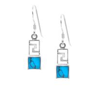 Silverly Turquoise Rectangle Greek Key Drop Earrings for Women in 925 Sterling Silver - Gr ret Earrings With Hooks - Aztec-Style Open Geometric Pattern Design - Modern Blue Gemstone Jewellery