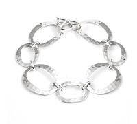 Silverly Women's 925 Sterling Silver Hammered Flat Open Oval Link Bracelet With Toggle Clasp 19.5 cm - Lightweight T-Bar Bracelet for Women - Modern Statement Jewellery - Extra Wide Chain Design