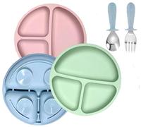 SilverStar Baby Suction Plates 3-Pack - Silicone Weaning Plate for Toddlers and Kids Self-Feeding - Non-Slip Divided Plate With Spoon & Fork