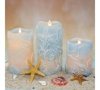 Silverstro Ocean Flameless Candles Remote Carved Seashell Real Wax Flicker Battery Operated Candles for Home Party Wedding Nautical Thanksgiving Christmas Easter Decor - Set of 3(Blue)