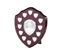 SilverTrophy: 10in 12 Years Presentation Annual Award Perpetual Wood Shield & Fronts with Stand, Schools, Events, Prize Giving's, Gifts, Winners, Runner's Up, Annual Shield, Plaque