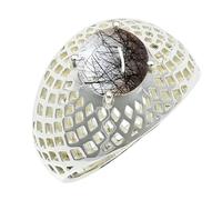 SILVERTROVE Black Rutilated Quartz Gemstone Silver Plated Band Ring Men & Women All Size Gift Item Handmade Jewelry CRG1256BL_4_(J 1/2)