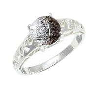 SILVERTROVE Black Rutilated Quartz Gemstone Silver Plated Band Ring Men & Women All Size Gift Item Handmade Jewelry CRG1254BL_35_(Z)