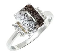SILVERTROVE Black Rutilated Quartz Gemstone Silver Plated Band Ring Men & Women All Size Gift Item Handmade Jewelry CRG1252BL_8_(L 1/2)