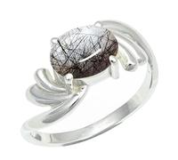 SILVERTROVE Black Rutilated Quartz Gemstone Silver Plated Band Ring Men & Women All Size Gift Item Handmade Jewelry CRG1259BL_14_(O 1/2)