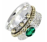 SILVERTROVE Silver Meditation Solid 925 Sterling Silver Emerald Lab Grown Gemstone Spinner Ring Handmade Jewelry For Men Women CRG1213AN_17_(Q)