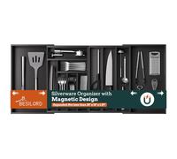 Silverware Organizer Large, Magnetic Connected Expandable 11 Slots Silverware Drawer Organizer from 21 to 37.4 Inches, Adjustable Flatware and Cutlery Holder, Bamboo Utensil Tray for Kitchen Black