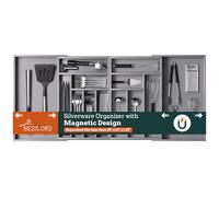 Silverware Organizer Large, Magnetic Connected Expandable 13 Slots Silverware Drawer Organizer from 21 to 37.4 Inches, Adjustable Flatware and Cutlery Holder, Bamboo Utensil Tray for Kitchen Gray