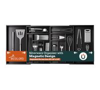 Silverware Organizer Large, Magnetic Connected Expandable 13 Slots Silverware Drawer Organizer From 21 to 37.4 Inches, Adjustable Flatware and Cutlery Holder, Bamboo Utensil Tray for Kitchen Black