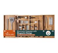 Silverware Organizer Large, Magnetic Connected Expandable 13 Slots Silverware Drawer Organizer From 21 to 37.4 Inches, Adjustable Flatware and Cutlery Holder, Bamboo Utensil Tray for Kitchen Acacia