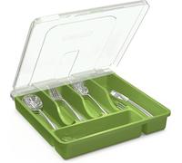 Silverware Organizer with Lid, Covered Utensil Tray for Kitchen Drawer and Countertop, Plastic Cutlery and Flatware Storage Box for Spoons Forks Knives Holder Case, BPA Free Flatware (Green)