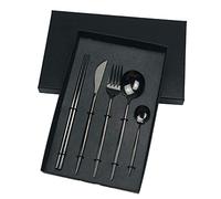 Silverware Set 10/20/30Piece Portuguese Cutlery Flat Handle Stainless Steel Knives, Forks, Spoons and Chopsticks(Black,6 Set)