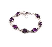 SILVESTO INDIA 925 Sterling Silver Amethyst Bracelet for Women | Handmade Oval Gemstone Link Bracelet | Vintage Boho Jewelry Gift for Her | Adjustable Silver Chain Bracelet