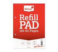 Silvine 160 Page A5 Refill Pad, Head Bound and Punched 2 Holes. Ruled 8mm Feint with Margin. Ref A5RPFM, White