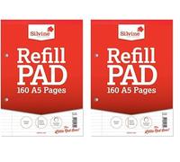 Silvine 160 Page A5 Refill Pad, Head Bound and Punched 2 Holes. Ruled 8mm Feint with Margin. Ref A5RPFM, White (Pack of 2)