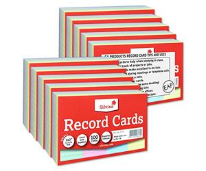 Silvine Record Card Bulk Pack of 1000 | 10 x 100 5x3” Coloured Lined with Headline Record Cards - Size Small 127 x 76mm with Tips and Ideas
