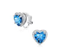 Silvora Clip On Earrings for Women, Non Pierced Ears Earrings White Gold Plated Hypoallergenic Cubic Zirconia Crystal Heart Blue Topaz December Birthstone Jewellery Gift for Ladies Girls
