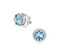Silvora Clip On Earrings for Women, Non Pierced Ears Earrings White Gold Plated Hypoallergenic Cubic Zirconia Crystal Round Aquamarine Blue March Birthstone Jewellery Gift for Ladies Girls