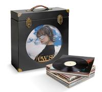 Simabsie Solid Wood Vinyl Record Storage Box with Display Window - Holds 30 LPs, Acrylic Front, Leather Handle & Metal Lock for 12/10/7 Inch Records (Black)