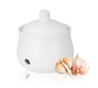Simaixing Ceramic Garlic Keeper for Counter, Garlic Holder Storage Jar with Lid, Vented Ginger Potato and Onion Storage Containers for Kitchen Countertop Decor (White)