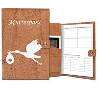 SIMARU Maternity Pass Cover Made from Water-Repellent Cork Leather in Beige, Protective Cover for German Maternity Passport, Ultrasound Images and Insurance Card Printed with Stork
