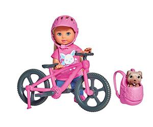 Simba Evi Love 105733273 Holiday Fun Bicycle Doll with Bicycle Dog and Backpack Dress-up Doll, 12 cm, for Children from 3 Years