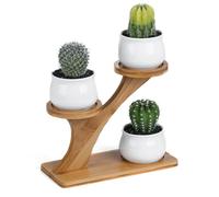 Simcat 3pcs Ceramic Succulent Pots With 3 Tier Bamboo Stand, Drainage Holes