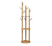 Simcat Coat Stand 8 Hooks, Wooden Coat Rack Freestanding Storage Shelves, 3 Tier Coat Tree Storage Shelf for Hats Jackets Umbrellas Bedroom Office Hallway Wood Color