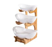 Simcat Fruit Plate Set Fruit Basket for Kitchen Counter, Ceramic Fruit Bowl,Large Capacity Fruit Bowl Set with Holder, Bamboo Fruit Serving Tray (Three Layer White)