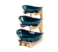 Simcat Fruit Plate Set Fruit Basket for Kitchen Counter, Ceramic Fruit Bowl,Large Capacity Fruit Bowl Set with Holder, Bamboo Fruit Serving Tray (Three Layer Dark Green)