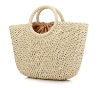Simcat Large Woven Straw Tote Bag - Retro Striped Summer Beach Bag with Round Handle for Women (Beige)