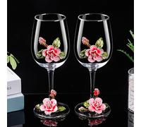 Simcat Red/White Wine Glass, Handmade Painted Enamel Crown Gin Wine Glass Long Stem Crystal Wine Glasses, Ideal Gifts (2, Pink)