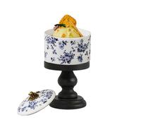 Simcat White Ceramic Ice Cream Bowl with Lid - 9cm x 14cm Elegant Printed Design, Multi-Purpose Dessert and Fruit Serving Bowl with Wooden Coaster Perfect for Ice Cream Snacks (Small Floral-Goblet)