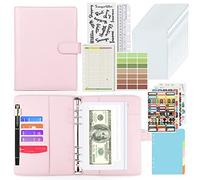 SIMDAO A5 Binder Notebook Set, PU Leather Loose Leaf Notebook with 12 Pieces Binder Pockets, 45 Budget Inserts, Label Stickers, for Financial Planners, Money Saving, Pink