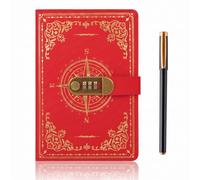 SIMDAO A5 Journal With Lock, Vintage Leather Compass Diary, 200 Pages Lined Paper Notebook With Pen, Secret Diary With Combination Password, Locked Journal for Men Women, Study, Travel Writing (Red)