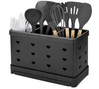 SIMDAO Cutlery Drainer, Stainless Steel Utensil Holder, Cutlery Holder Drainer with 3 Compartments, Kitchen Utensils Organizer, Black Countertop Cutlery Drying Holder, Cooking Tools Set Storage Pots