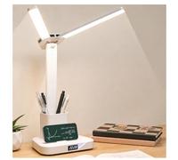 SIMDAO Dual Swing Arm Desk Lamp with LCD Clock, Stepless Dimming Table Lamp with Pen Holder & Phone Stand, Rechargeable Eye-Caring Reading Light, 3 Color Modes, Desk Lamp for Home Office Study