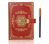 SIMDAO Vintage Leather Journal Notebook with Lock, A5 Lined Pages Locked Journal with Pen, Secret Notebook with Combination Passwords, Notebook Gift for Men and Women,100Sheets/200Pages (Red)