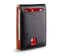 SIMDAO Wallets Mens Sleek RFID Blocking Carbon Fiber Leather Wallet for Men - Slim Bi-Fold Wallet with Money Clip and 12 Card Slots, Strong Money Clip, Minimalist Bi-Fold Mens Wallets (Black Orange)