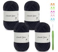 SIMEIQI 4 Pack of 1.76oz Chenille Yarn for Crocheting,158yards Soft Fluffy Velvet Yarn, Ideal Crochet for DIY Baby Blankets Toys Scarves Throw Pillows Hats Cushions(Black)