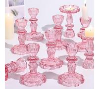 Simeitol 12pcs Taper Candle Holders, Candlestick Holders, Glass Candle Holder - Vintage Flower Design Candle Holders for Wedding, Baby Shower & Home Table Decorations (Pink)