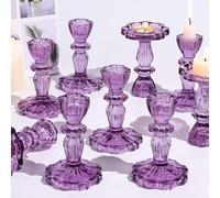 Simeitol 12pcs Taper Candle Holders, Candlestick Holders, Glass Candle Holder - Vintage Flower Design Candle Holders for Wedding, Birthday, Halloween & Home Decoration (Purple)