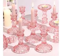Simeitol Glass Candle Holder Set of 12, Pink Taper Candle Holders Bulk, Vintage Candlestick Holders, Candle Stick Holder for Table Centerpieces, Wedding & Mother's Day