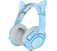 SIMGAL Blue Gaming Headset with Removable Cat Ears, Compatible with PC PS4 PS5 Xbox One(Adapter Not Included) Mobile Phones, with Surround Sound, RGB Backlight & Noise Canceling Retractable Microphone