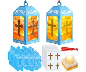 Simgoing 12 Sets Christian Lanterns Crafts with LED Candles Lights Jesus Lights The Way Sunday School Tissue Paper Crafts Religious DIY Oil Lamp Cross Hanging Ornament Vbs Classroom Church Activity