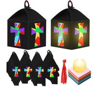 Simgoing 12 Sets Religious Cross Crafts with LED Candle Light DIY Christian Cross Lantern Tissue Paper Crafts Kits Religious Hanging Ornament for Church Sunday School VBS Classroom Activities