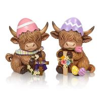 Simgoing 2 Pack Easter Highland Cow Figurines Spring Highland Cow with Easter Eggs Cross Floral for Table Decorations Calf Lovers Gifts for Home Centerpieces Holiday Ornament