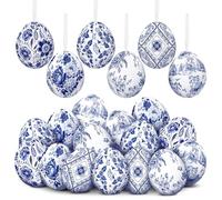 Simgoing 24 Pcs Chinoiserie Easter Hanging Eggs Hanging Ornaments Fabric Wrapped Decorative Eggs Blue and White Chinoiserie Easter Tree Ornaments for Home Spring Party Basket Filler