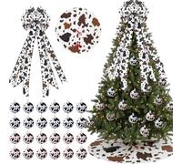 Simgoing 26 Pcs Cowhide Printed Christmas Tree Decoration Western Cow Tree Topper Bow Plastic Ornament Balls and Skirt for Country Western Party Decorations Xmas Holiday Rustic Farm Decor